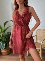 Rochie Scurta Herta Rosie cu Buline Albe