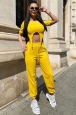 Compleu din bumbac format din bluza scurta in colturi si pantalon Hilta Galben