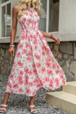 Rochie Midi Jesica Alba cu Print Floral Roz