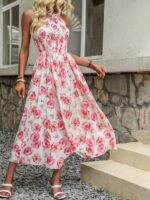 Rochie Midi Jesica Alba cu Print Floral Roz - imagine 4