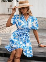 Rochie Scurta Temer Alba cu flori Bleu - imagine 4