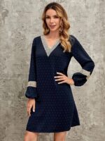 Rochie Midi Laurette Bleumarin cu Buline si Maneci Bufante
