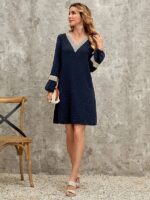 Rochie Midi Laurette Bleumarin cu Buline si Maneci Bufante - imagine 3