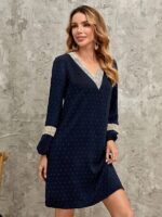 Rochie Midi Laurette Bleumarin cu Buline si Maneci Bufante - imagine 4