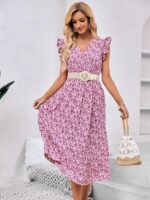Rochie Midi Monye Alba cu Flori Roz - imagine 3