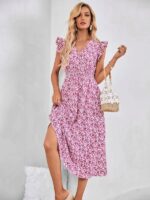 Rochie Midi Monye Alba cu Flori Roz - imagine 4