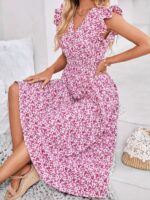 Rochie Midi Monye Alba cu Flori Roz