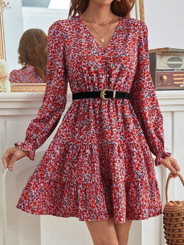 451 Rochie Midi Marga cu Print Floral Rosu - imagine 1