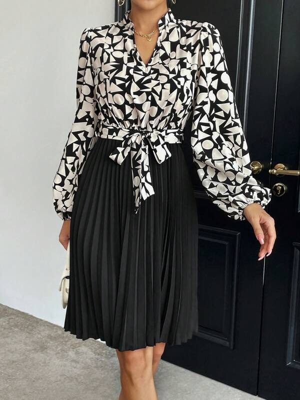 6 Rochie Midi Ingrid cu Model Alb si Negru si Cordon - imagine 1