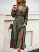 Rochie Lunga Heda Verde cu Model Floral