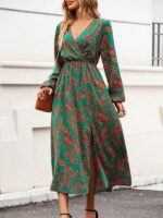 Rochie Lunga Heda Verde cu Model Floral - imagine 2