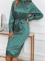 Rochie Midi Ezra Verde cu Print Roz - imagine 3