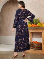 Rochie Lunga Eliora Bleumarin cu Model Floral - imagine 2