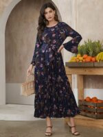 Rochie Lunga Eliora Bleumarin cu Model Floral - imagine 3