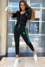 Trening format din bluza scurta cu fermoar si pantalon Ramona Negru cu inima verde - imagine 2