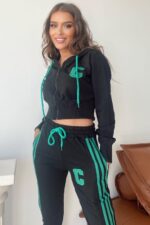 Trening format din bluza scurta cu fermoar si pantalon Ramona Negru cu inima verde - imagine 4
