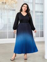 Rochie Lunga Plisata Alinda Degrade Negru Albastru - imagine 4
