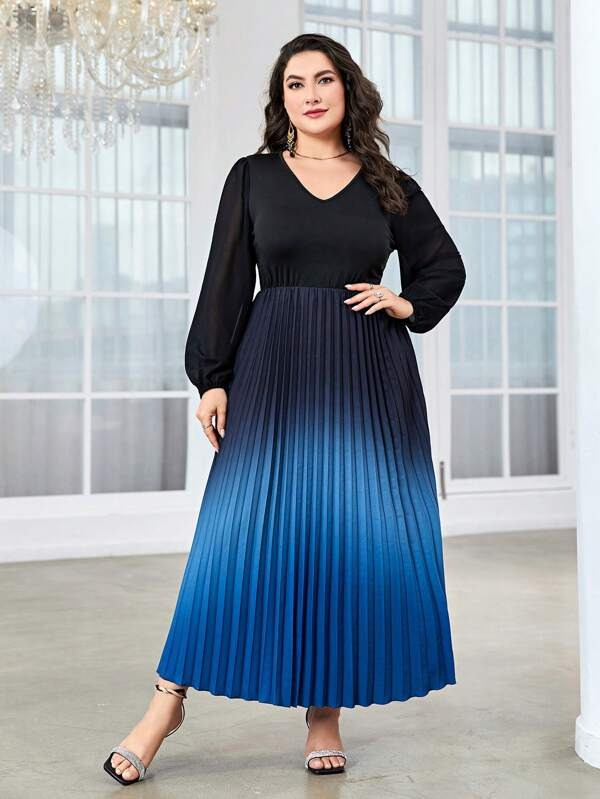 1015 Rochie Lunga Plisata Alinda Degrade Negru Albastru - imagine 1