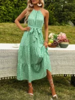 Rochie Lunga Marah Verde cu Buline Albe - imagine 3