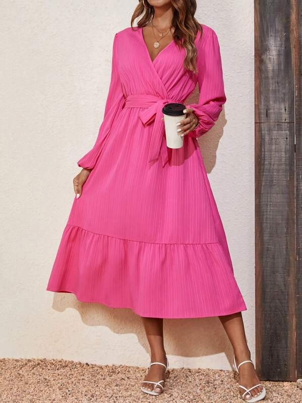 307-1 Rochie Lunga Elma Roz cu Decolteu in Forma de V - imagine 1