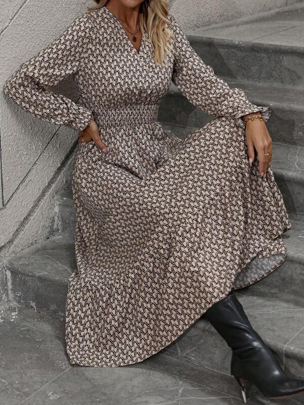 402-1 Rochie Lunga Arvo Maro cu Print Geometric - imagine 1