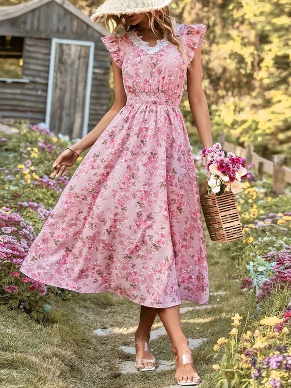 462 Rochie Lunga Reike Roz cu Print Floral - imagine 1