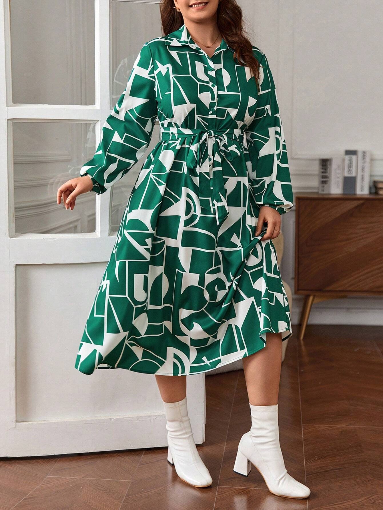 541 Rochie Midi Anthonia Verde cu Print Geometric - Marimi Mari - imagine 1