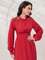 Rochie Lunga Alvrum Rosie cu Floare Brodata - imagine 3