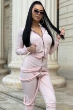 Compleu format din bluza cu fermoar si pantaloni cu bretele Marita Roz Pudra - imagine 3
