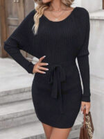 Rochie Scurta Maichen Neagra cu Cordon Tricotata