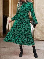 Rochie Lunga Sekine Verde cu Print Negru