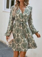 Rochie Scurta Vendi Bej cu Imprimeu Verde