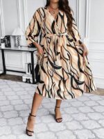 Rochie Midi Paula Bej cu Print Negru - Marimi Mari