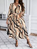 Rochie Midi Paula Bej cu Print Negru - Marimi Mari - imagine 2