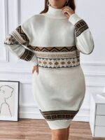 Rochie Midi Tricotata Eugelina Alba cu Model Geometric - Marimi Mari - imagine 5