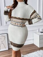 Rochie Midi Tricotata Eugelina Alba cu Model Geometric - Marimi Mari