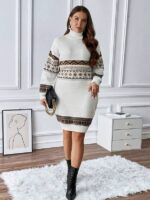 Rochie Midi Tricotata Eugelina Alba cu Model Geometric - Marimi Mari - imagine 3