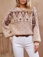 Pulover Tricotat Sadie Bej cu Print Maro - imagine 5