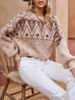 Pulover Tricotat Sadie Bej cu Print Maro - imagine 4