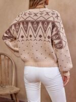 Pulover Tricotat Sadie Bej cu Print Maro - imagine 2