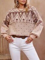 Pulover Tricotat Sadie Bej cu Print Maro - imagine 3
