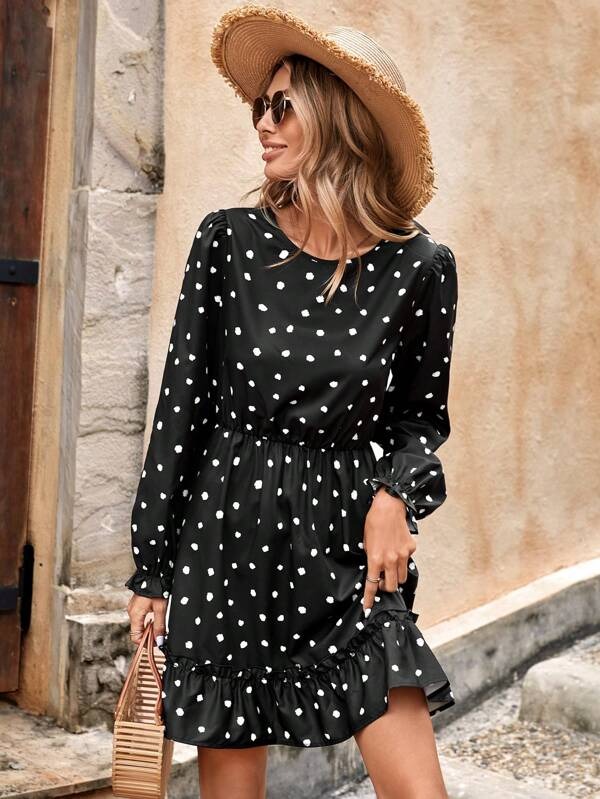 319-1 Rochie Scurta Meline Neagra cu Buline - imagine 1