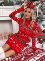 Rochie Scurta Tricotata Natane Rosie cu Imprimeu de Craciun - imagine 4