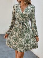 Rochie Scurta Vendi Bej cu Imprimeu Verde - imagine 4