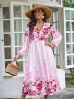 Rochie Lunga Clara Roz cu Model Floral - imagine 4