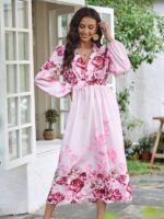 Rochie Lunga Clara Roz cu Model Floral - imagine 5