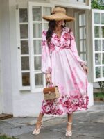 Rochie Lunga Clara Roz cu Model Floral