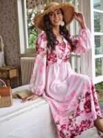 Rochie Lunga Clara Roz cu Model Floral - imagine 6