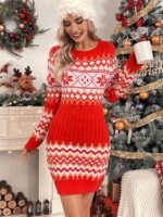 Rochie Scurta Tricotata Stalesa Rosie cu Imprimeu de Craciun - imagine 4