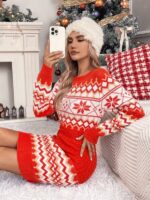 Rochie Scurta Tricotata Stalesa Rosie cu Imprimeu de Craciun - imagine 3